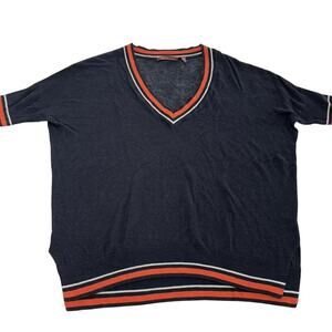 525 America Sweater Womens‎ XS Blue Black Striped V Neck Linen Blend Pullover